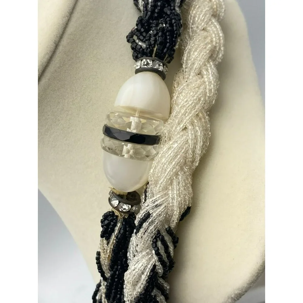 Vintage Art Deco Roaring 20s Black White Beaded Rhinestone Celluloid 50 Necklace - Picture 8 of 10